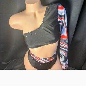 One-Shoulder Black and Red Swirl Top